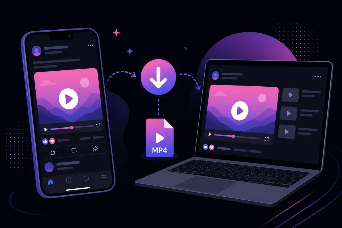 Ilustración de descargar un video de Facebook al móvil y portátil con un descargador en el navegador