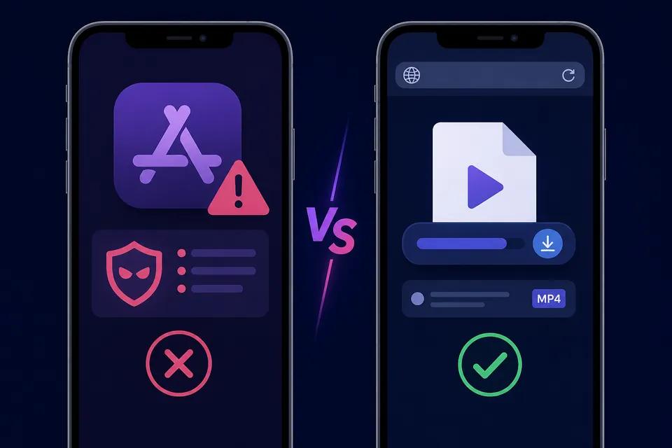 Infografía comparativa: descargadores de YouTube de la App Store vs ClipSaver en Safari en iPhone