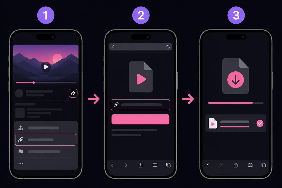 Diagrama de tres pasos en iPhone: copiar enlace de YouTube, abrir ClipSaver en Safari, descargar MP4