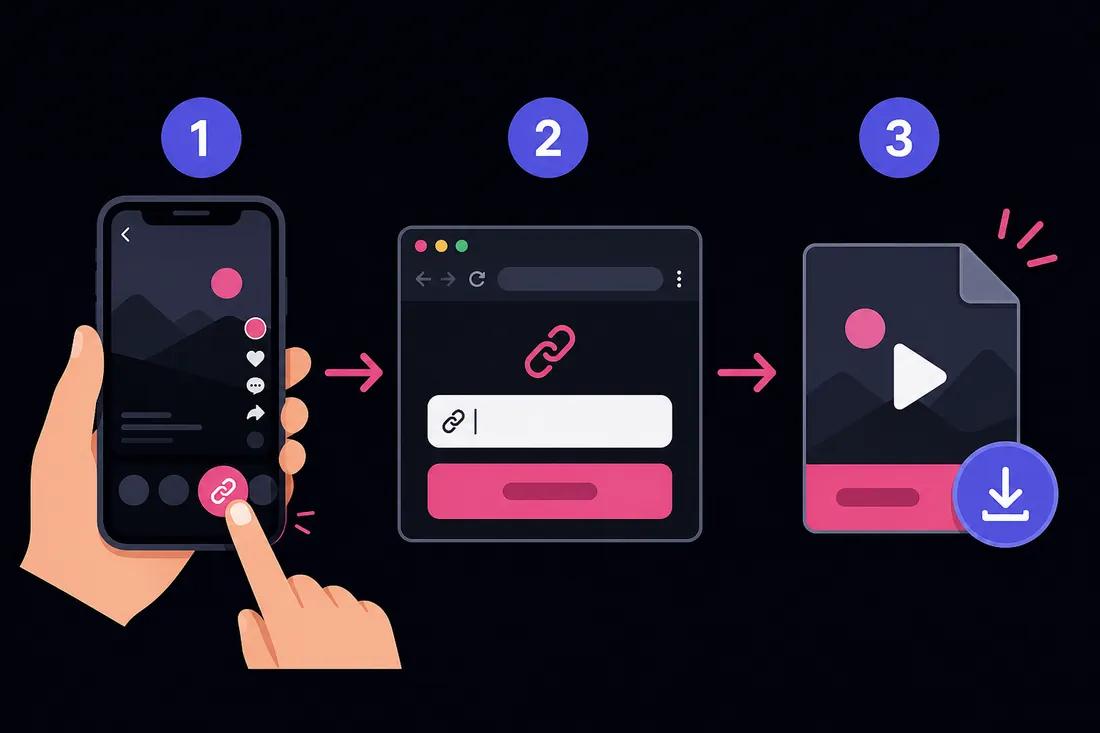 Diagrama de tres pasos: copiar enlace de TikTok, pegar en ClipSaver, descargar MP4 sin marca de agua
