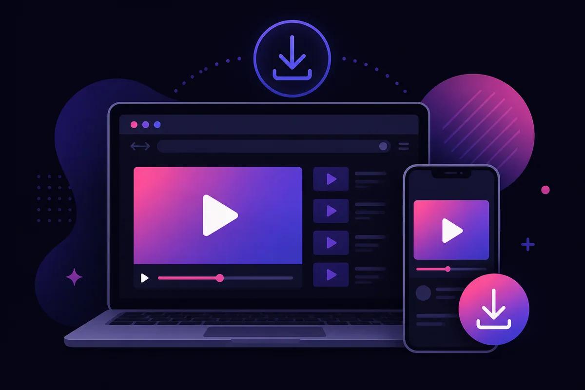 Illustration of downloading a YouTube clip to a laptop and phone using a browser downloader
