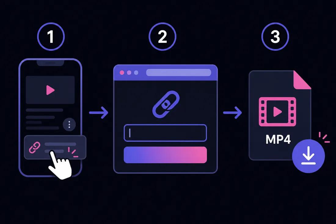 Three-step diagram: copy YouTube link, paste into ClipSaver, download MP4 or MP3