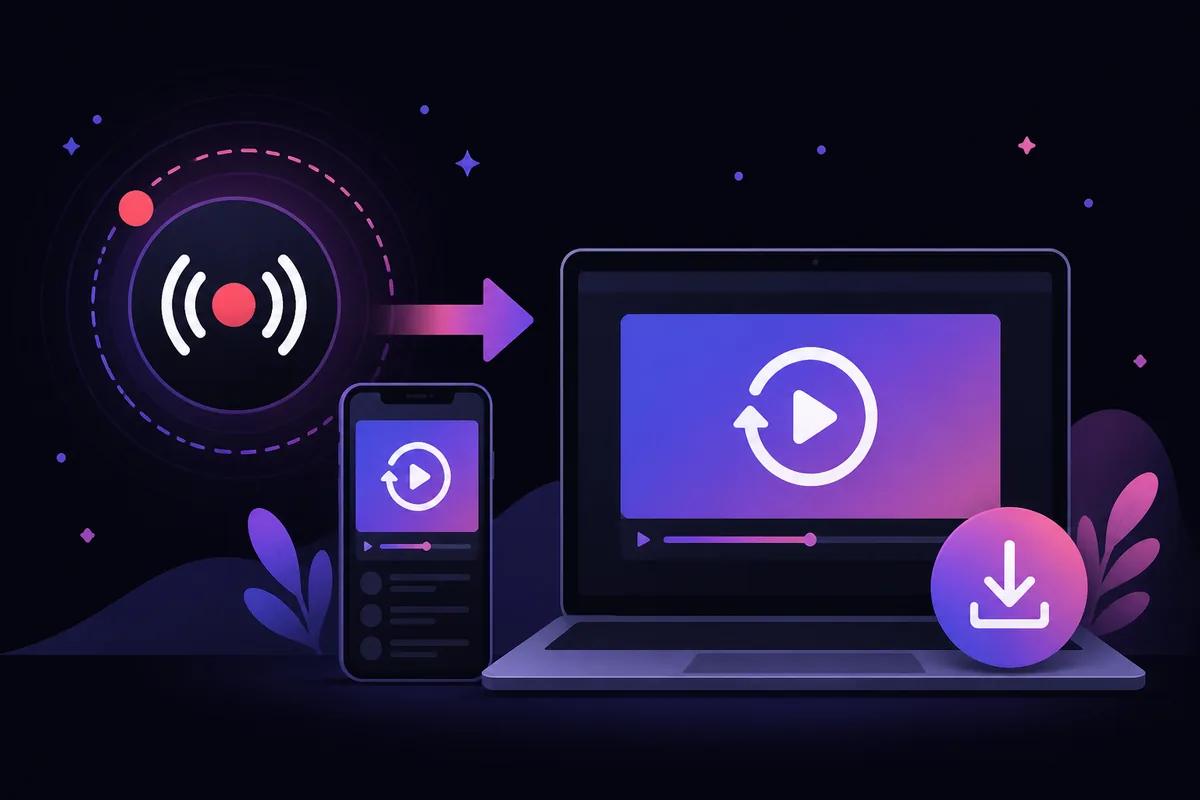 Illustration of downloading a Facebook Live video replay to phone and laptop