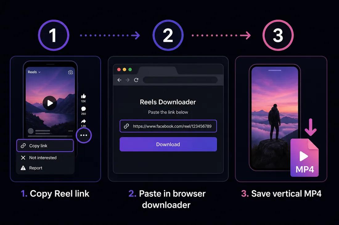 Three-step diagram: copy Facebook Reel link, paste into ClipSaver, download MP4