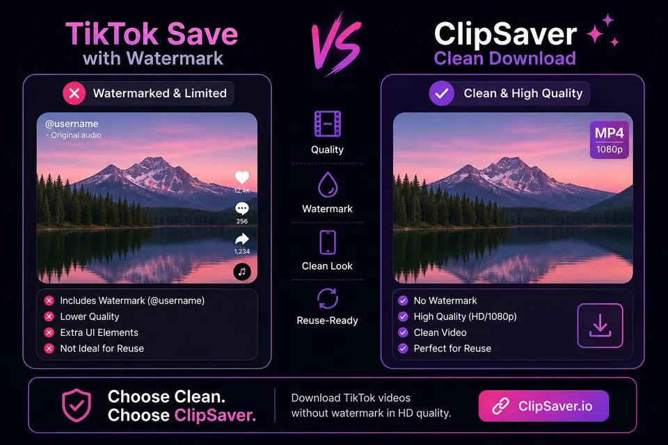 Comparison infographic: TikTok Save with watermark vs ClipSaver watermark-free download
