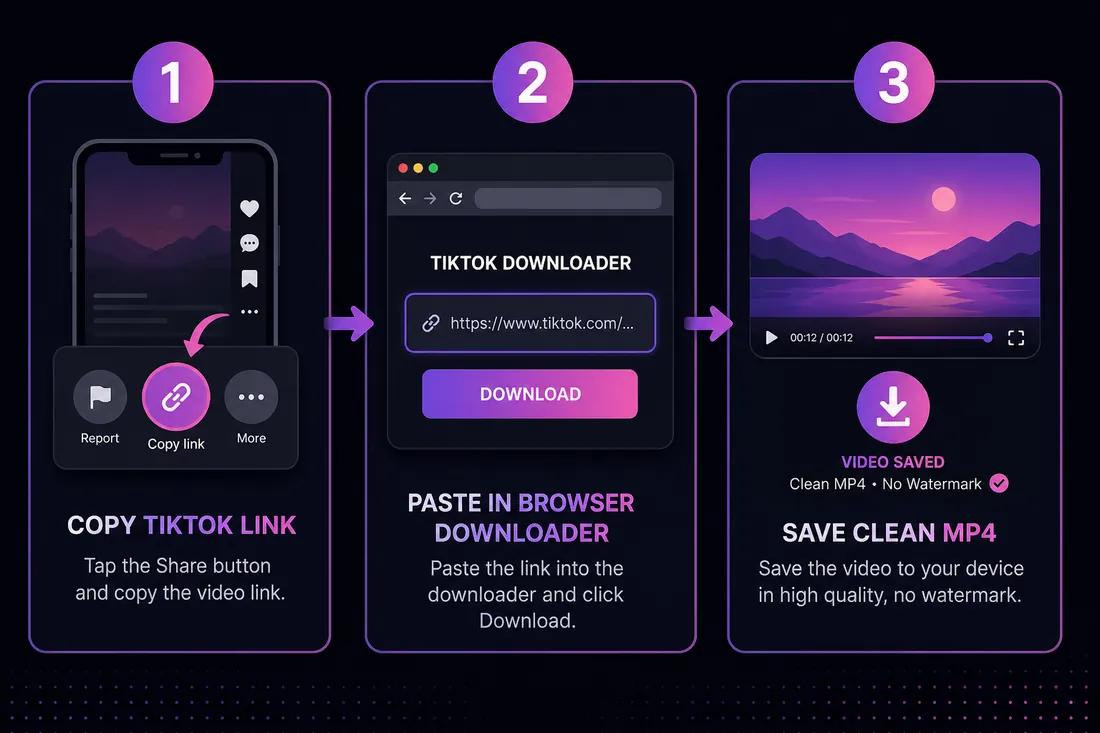 Three-step diagram: copy TikTok link, paste into ClipSaver, download watermark-free MP4