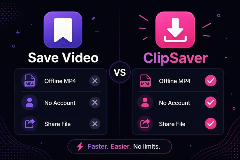 Comparison infographic: Facebook Save video vs ClipSaver for downloading offline