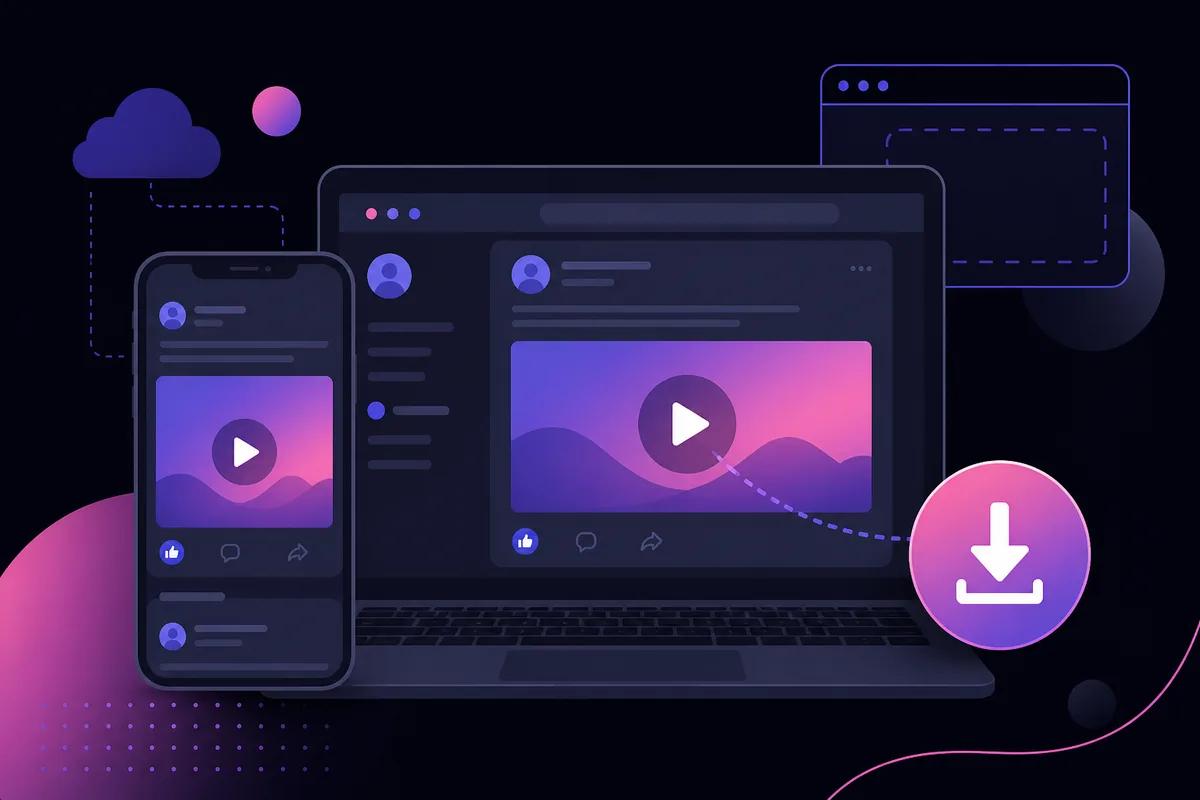 Illustration of downloading a Facebook video to a phone and laptop using a browser downloader