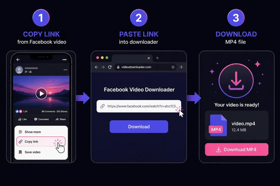 Three-step diagram: copy Facebook link, paste into ClipSaver, download MP4