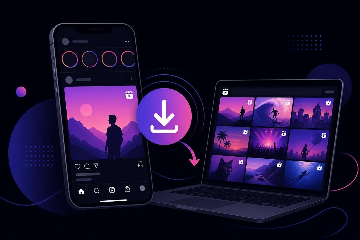 Illustration of downloading Instagram feed videos and Reels to phone and laptop
