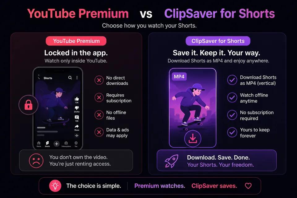 Comparison infographic: YouTube Premium vs ClipSaver for downloading Shorts