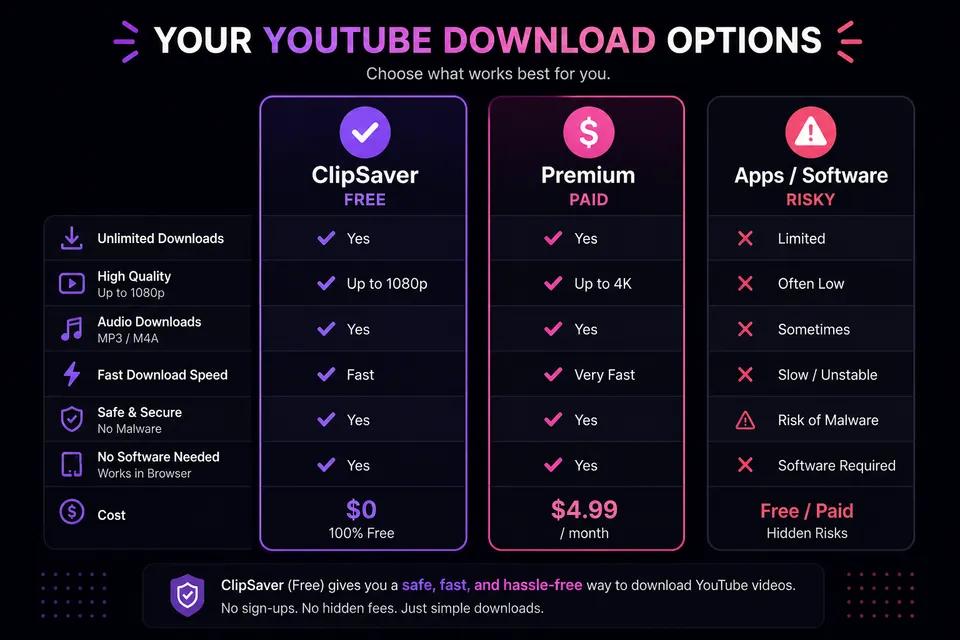 Comparison infographic: free ClipSaver download vs paid YouTube Premium and apps