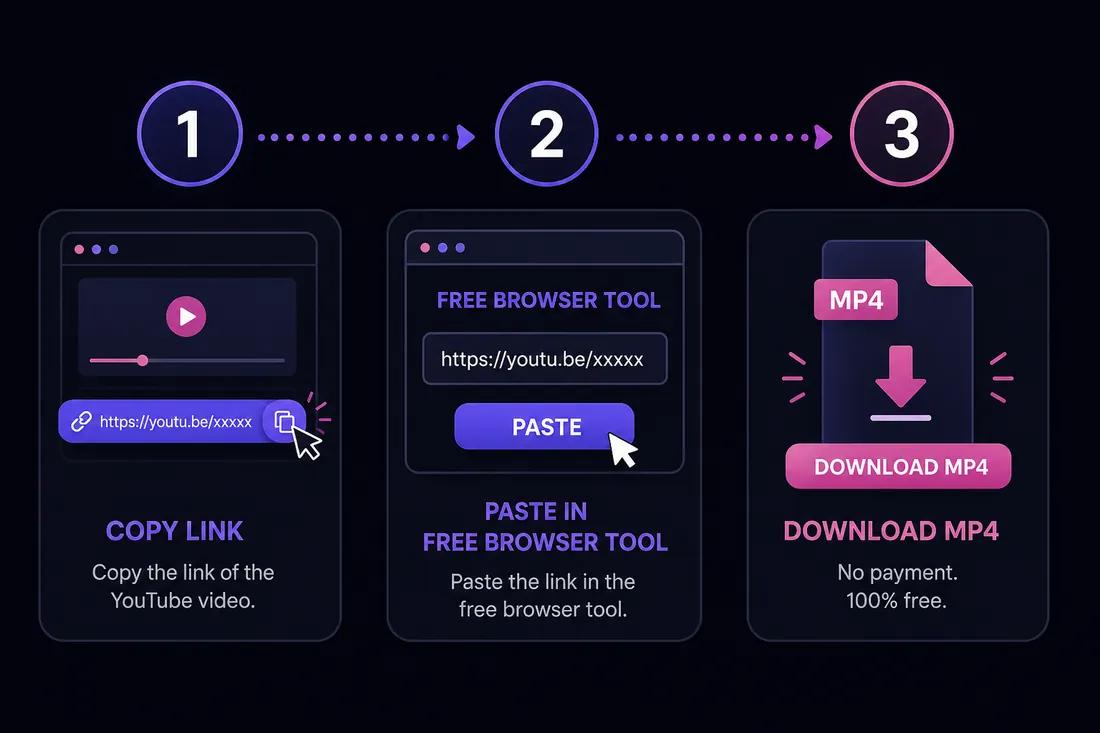 Three-step diagram: copy YouTube link, paste into ClipSaver, download free MP4 or MP3