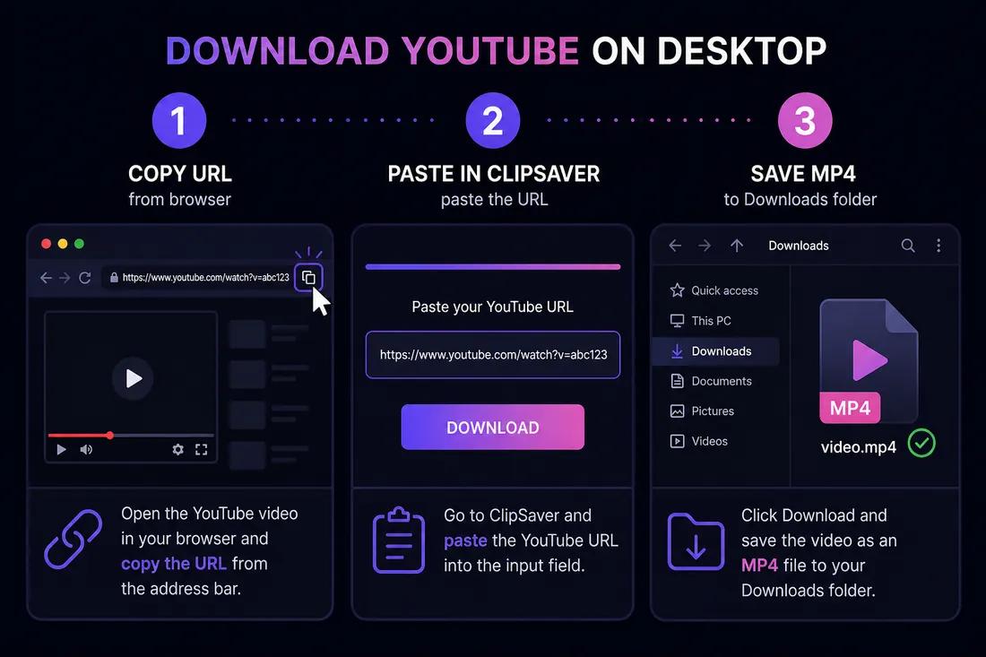 Three-step diagram: copy YouTube URL on desktop, paste into ClipSaver, save MP4 to Downloads