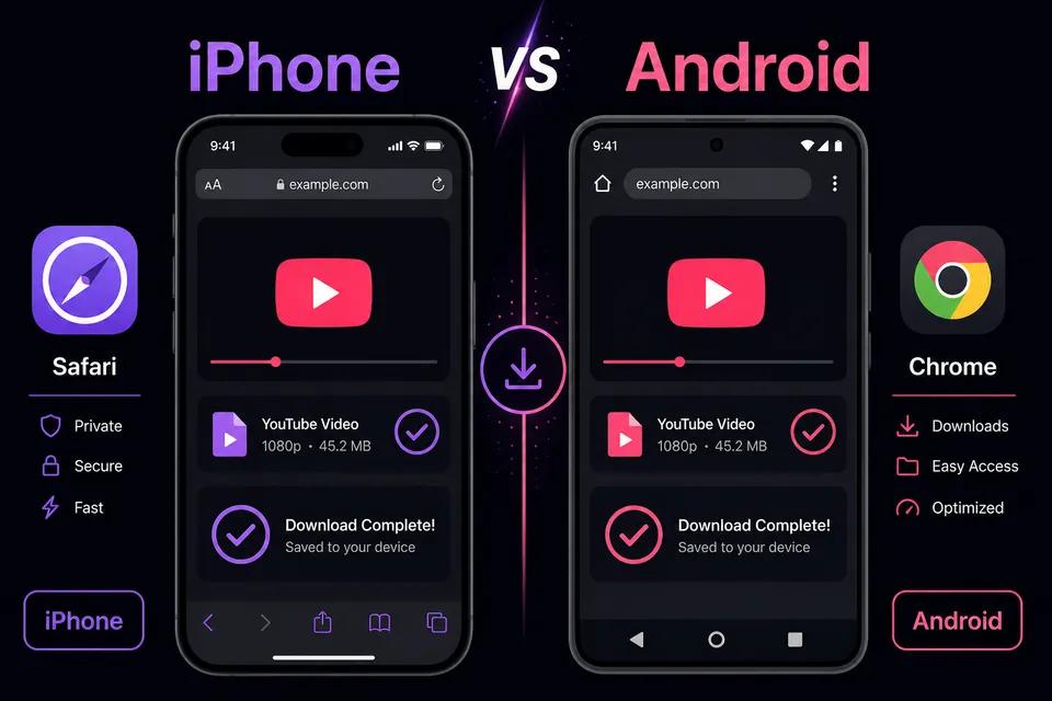 Side-by-side comparison of downloading YouTube videos on iPhone and Android