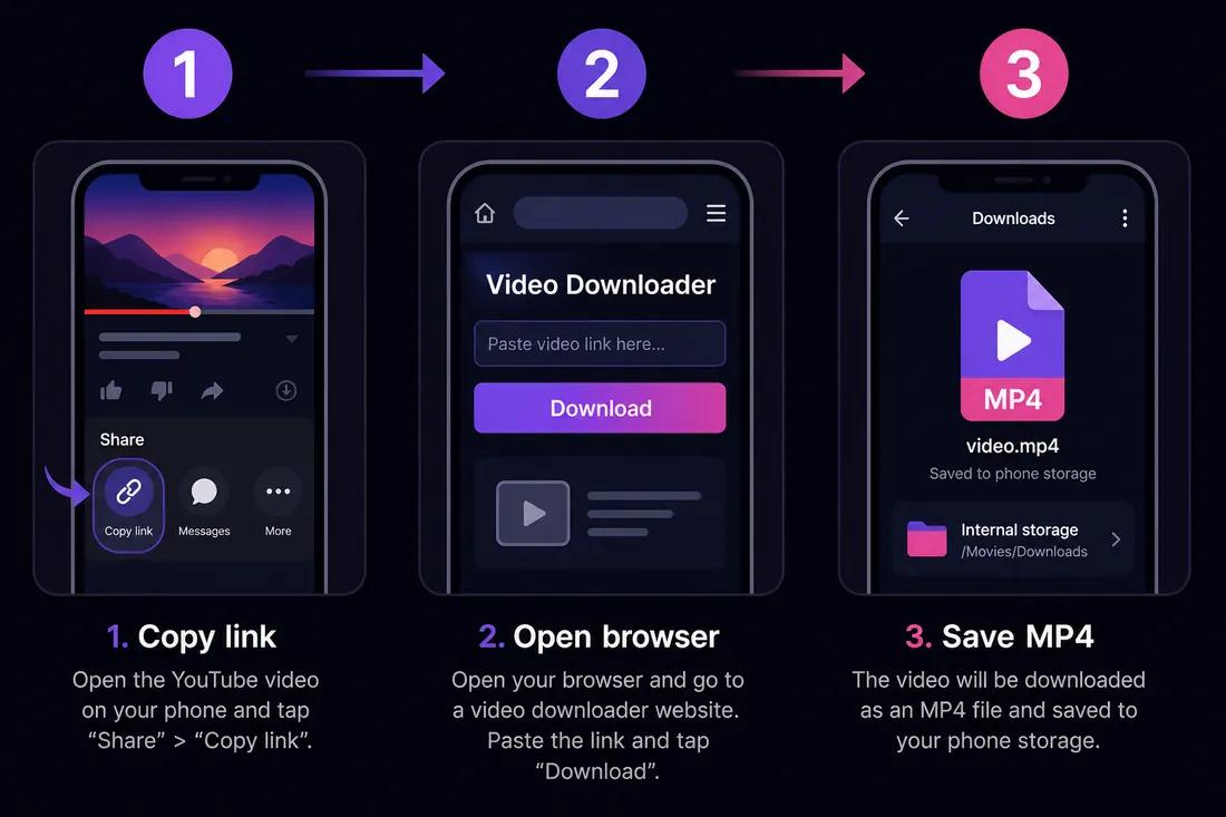 Three-step diagram: copy YouTube link on phone, open ClipSaver in browser, download MP4