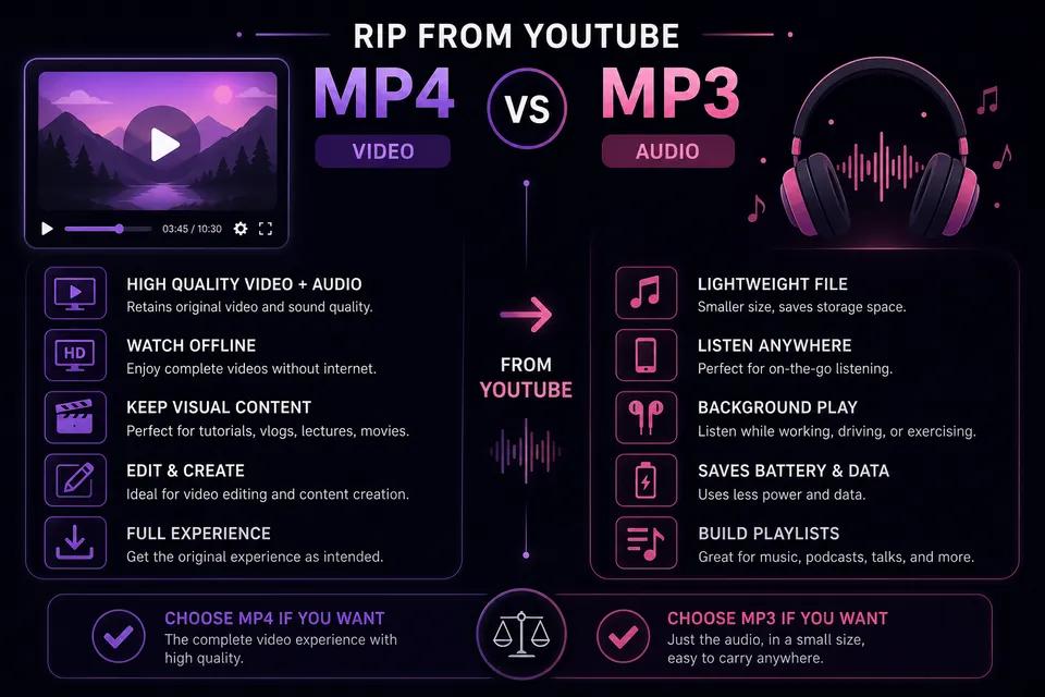 Comparison infographic: rip YouTube as MP4 video vs MP3 audio only