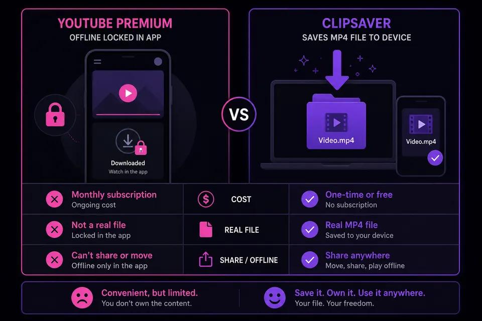 Comparison chart: YouTube Premium offline vs saving MP4 with ClipSaver