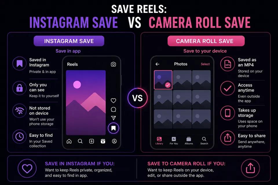 Comparison infographic: Instagram Save bookmark vs saving Reel to camera roll with ClipSaver