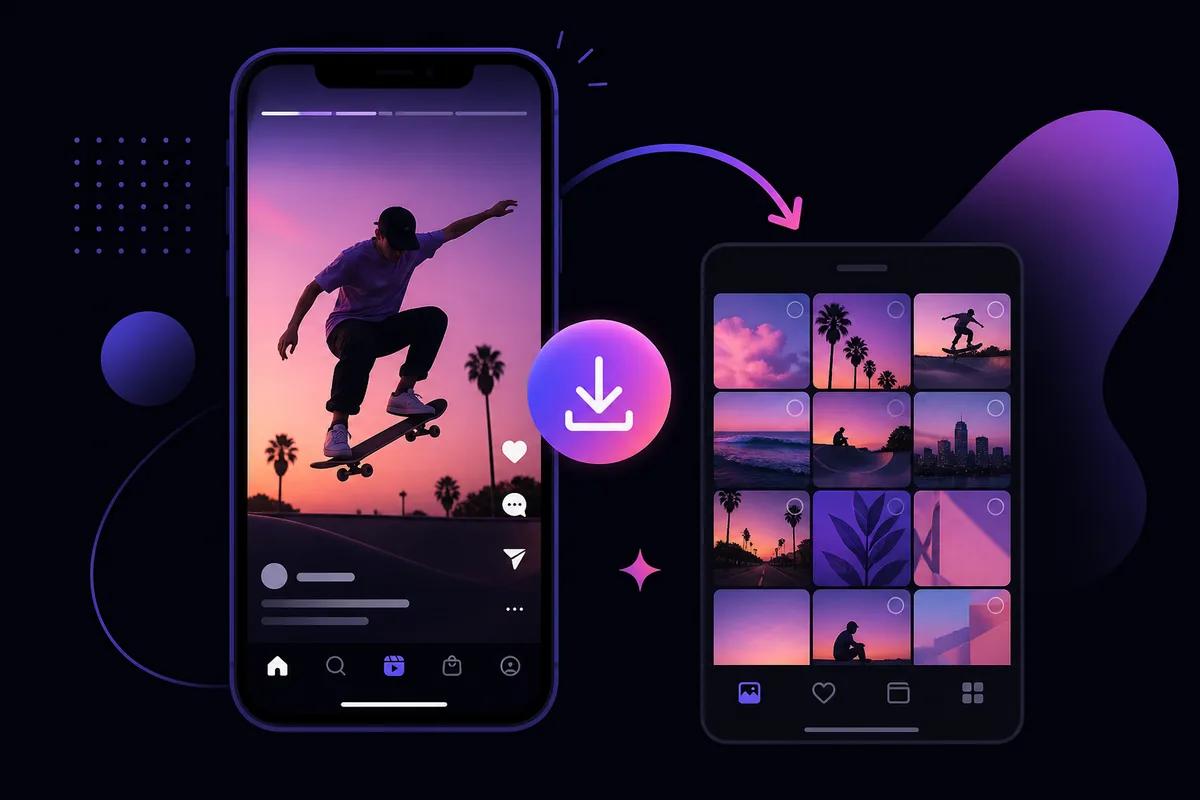 Illustration of saving an Instagram Reel to iPhone camera roll and Android gallery