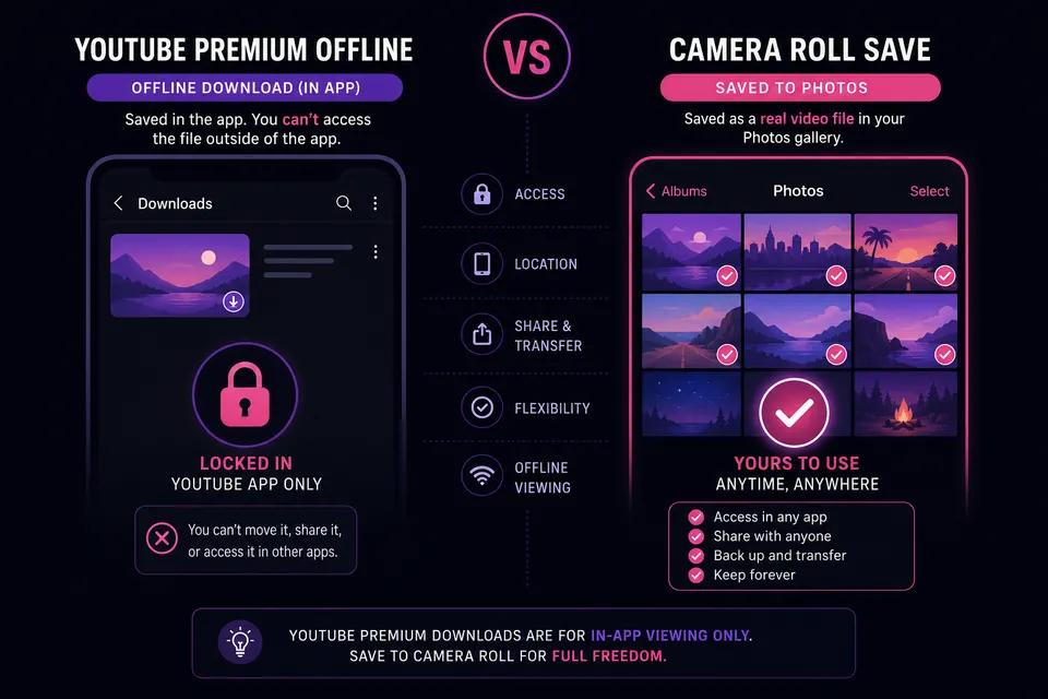 Comparison infographic: YouTube Premium offline vs saving to camera roll with ClipSaver