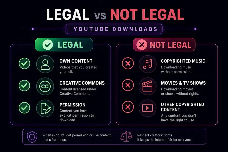 Comparison infographic: legal download scenarios vs copyright restrictions for YouTube videos
