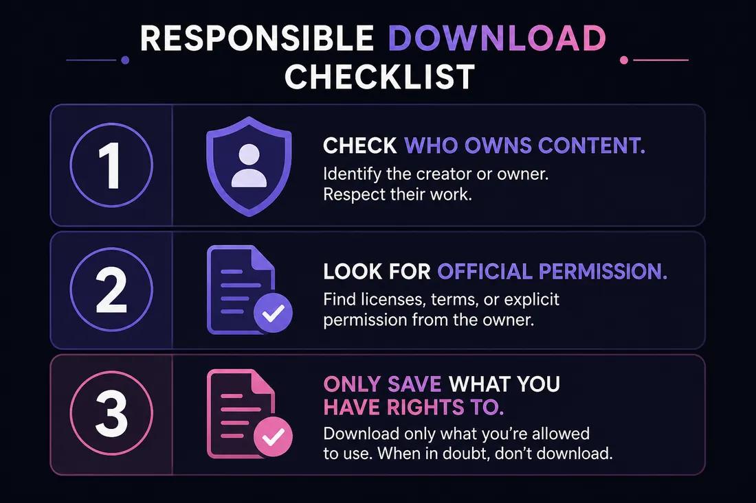 Decision flowchart concept: allowed downloads include own content and permission; not allowed includes copyrighted content without rights