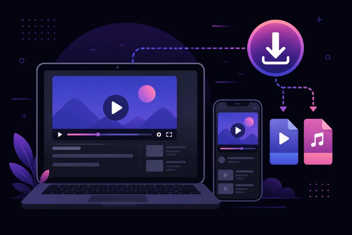 Ilustración de descargar un clip de YouTube a portátil y móvil con un descargador en el navegador