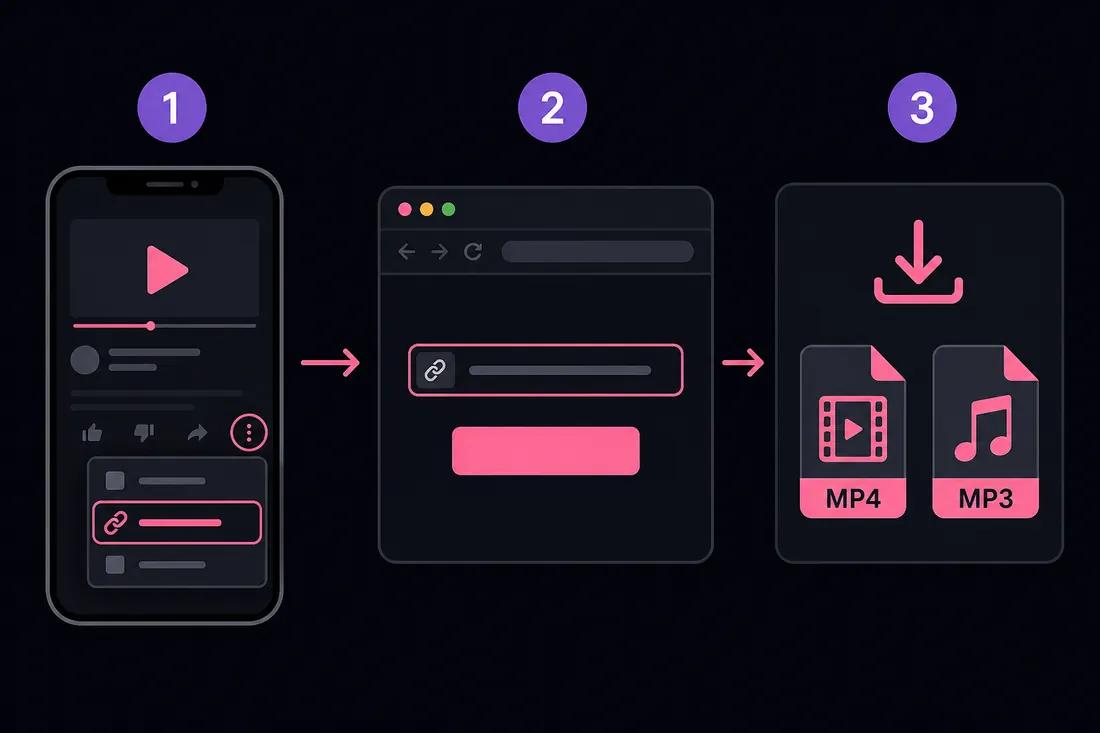 Diagrama de tres pasos: copiar enlace de YouTube, pegar en ClipSaver, descargar MP4 o MP3