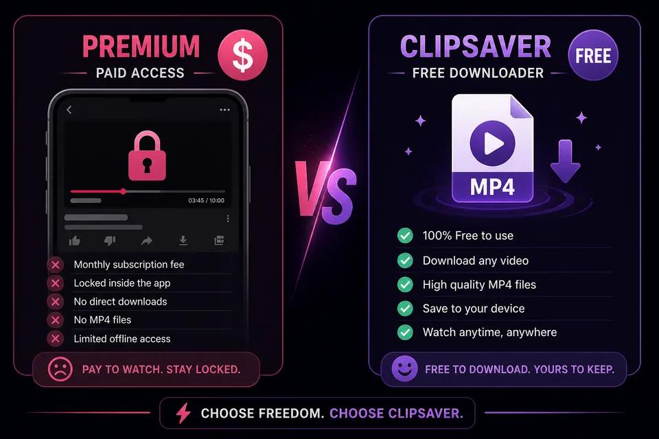 Comparison infographic: YouTube Premium subscription vs free ClipSaver download