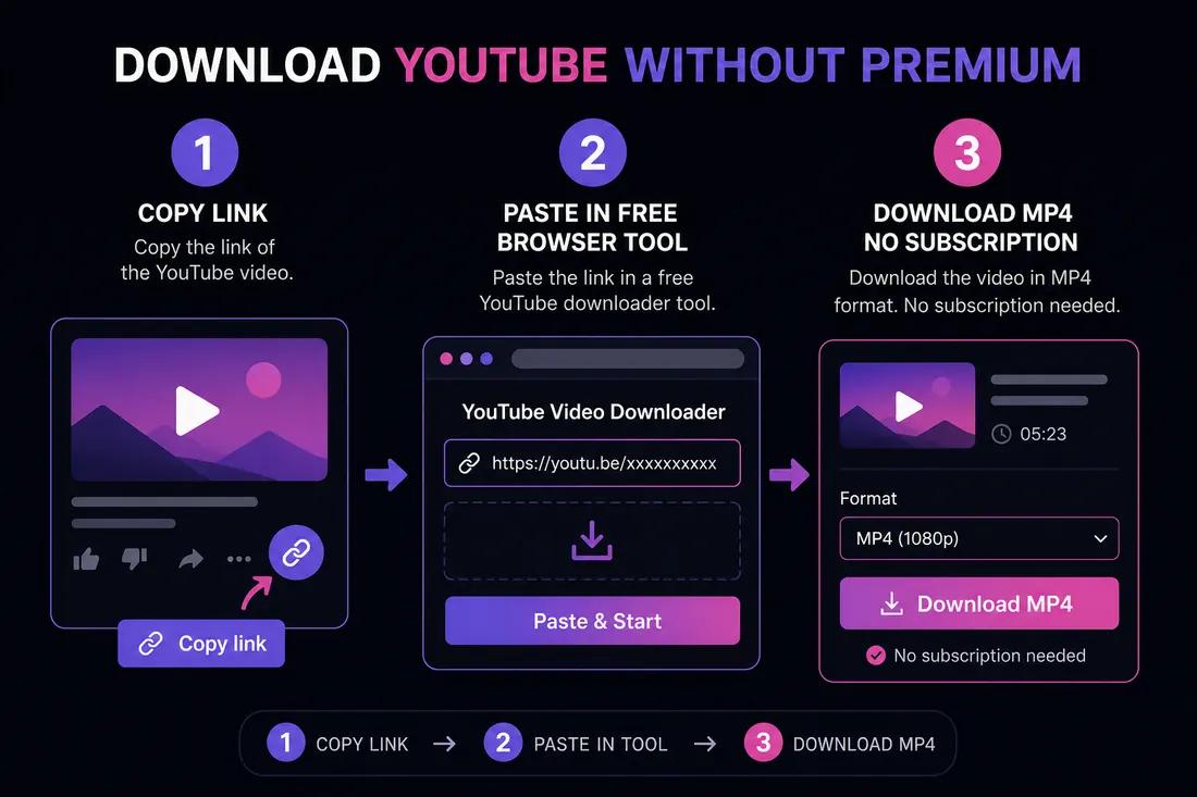 Three-step diagram: copy YouTube link, paste into ClipSaver, download without Premium