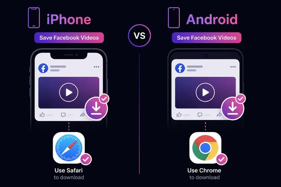 Side-by-side comparison of saving Facebook videos on iPhone and Android