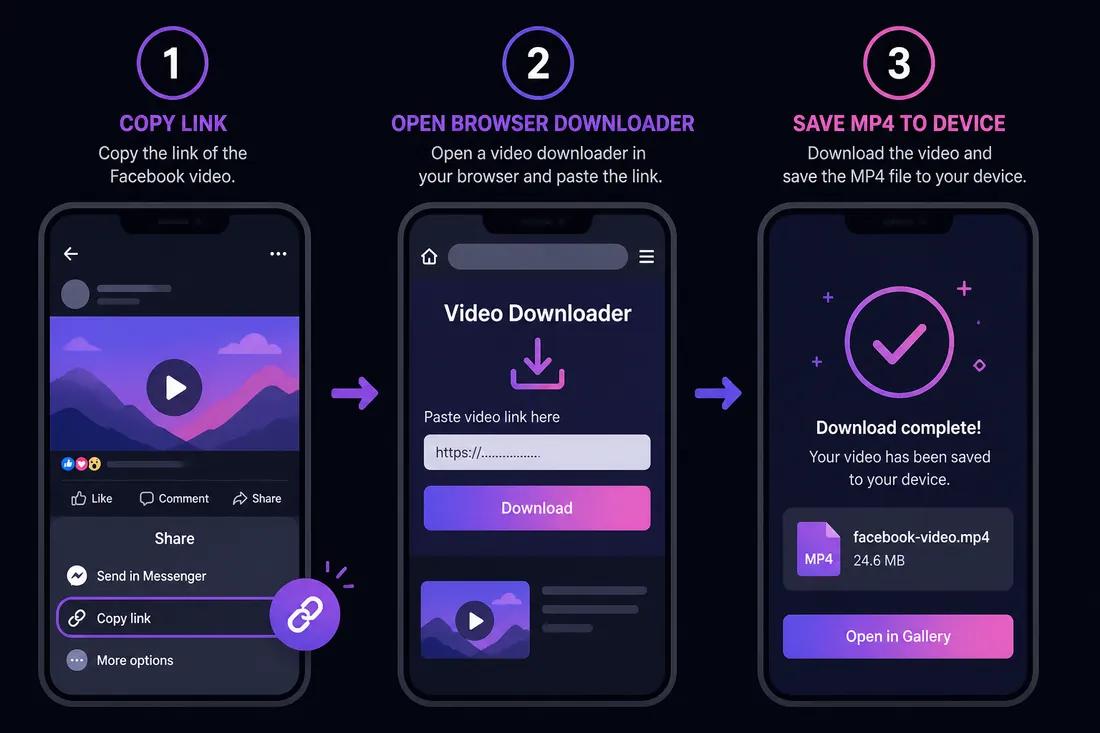 Three-step diagram: copy Facebook link on phone, open ClipSaver, save MP4