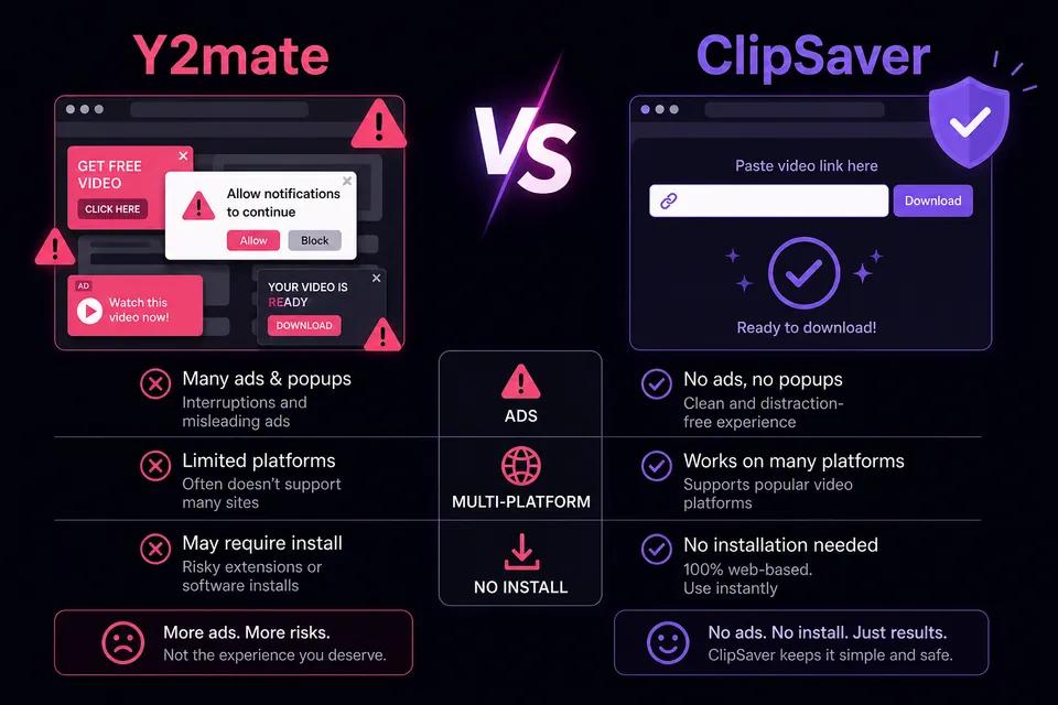 Comparison infographic: Y2mate vs ClipSaver for safety and features