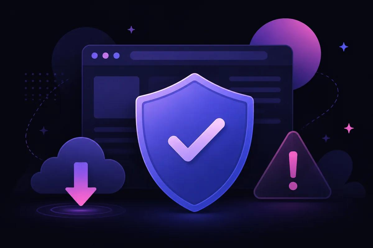 Illustration of online video downloader safety with shield icon and browser window