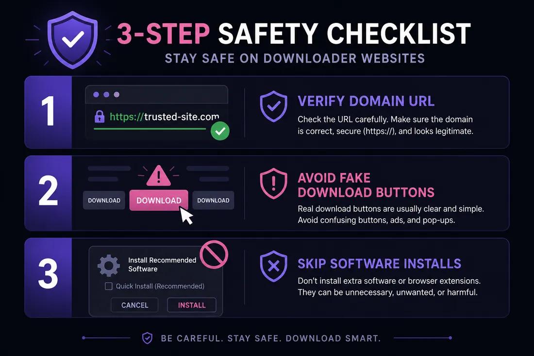 Safety checklist diagram: spot fake download buttons, avoid software installs, verify the domain