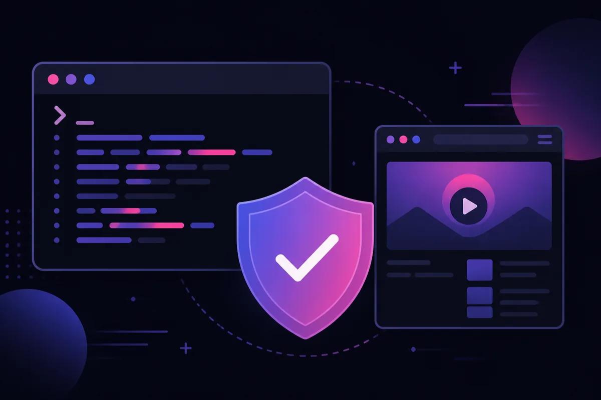 Illustration of command-line video downloader safety with terminal window and shield icon