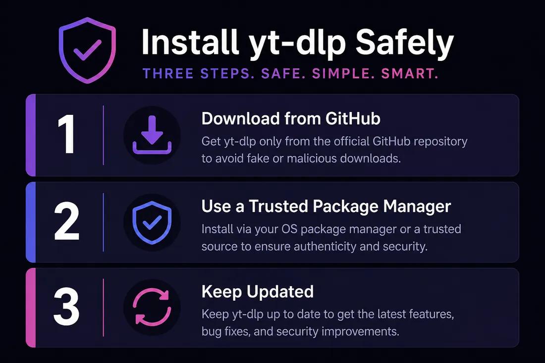 Safety checklist: install yt-dlp from GitHub, use trusted package manager, keep updated