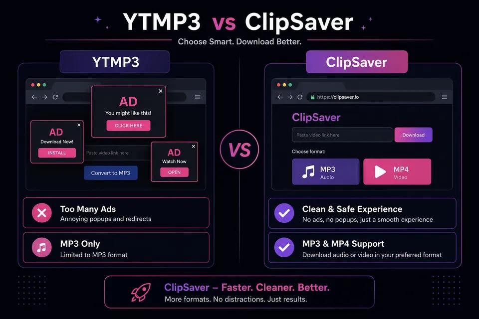 Comparison infographic: YTMP3 vs ClipSaver for MP3 and video downloads